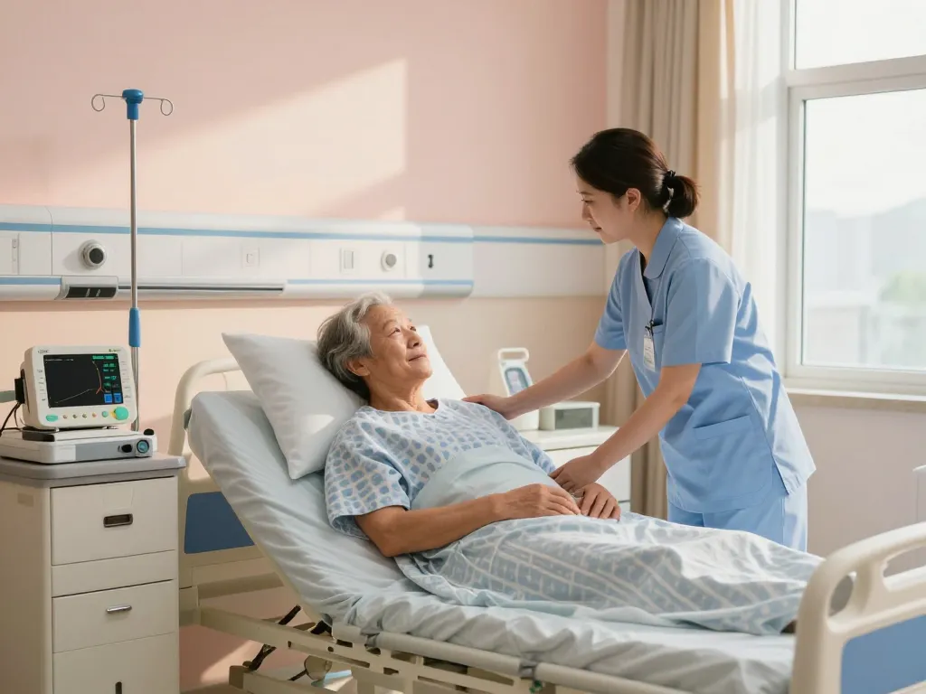 Comfortable giường bệnh nhân with nurse assisting patient in bright hospital room.