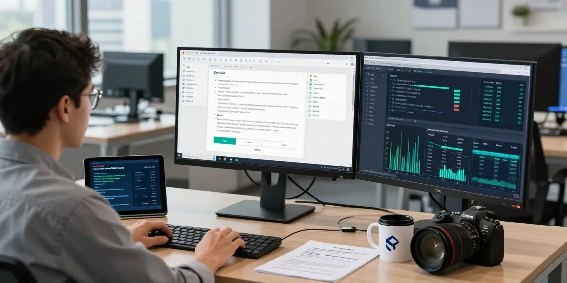 Detect PDF fraud analysis in a modern office, showcasing a cybersecurity expert reviewing digital documents with advanced technology.
