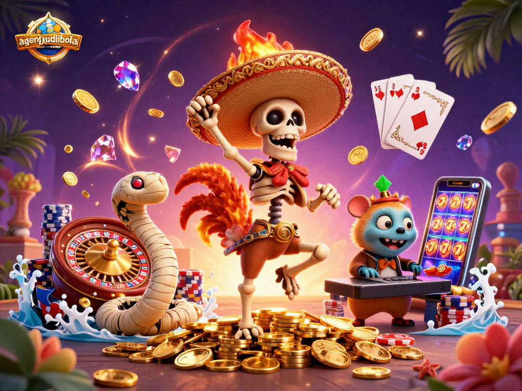 Engage in dynamic gambling action with agenjudibola-resmi featuring colorful characters, coins, and vibrant casino elements.