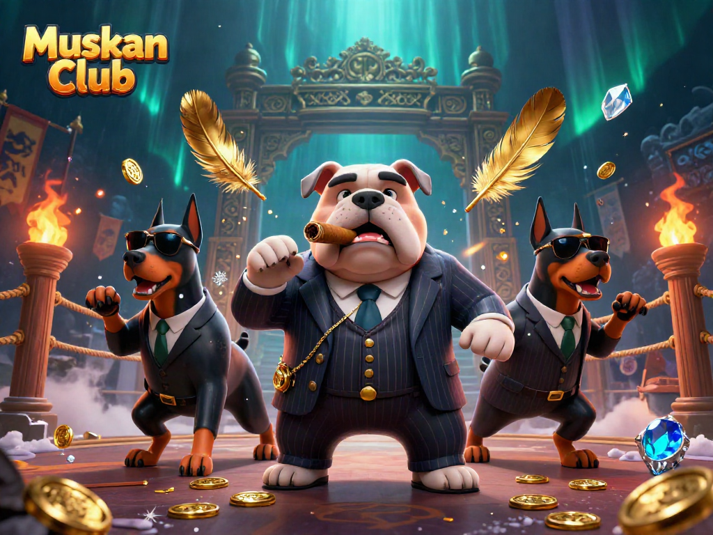 Muskan Club presents engaging casino action with a mafia-themed illustration featuring a bulldog and Dobermans.
