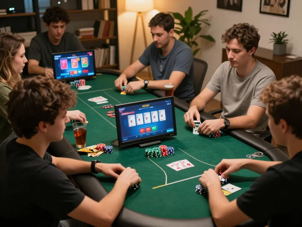 Engaging Poker Online setup with players focused on their screens during a live tournament.