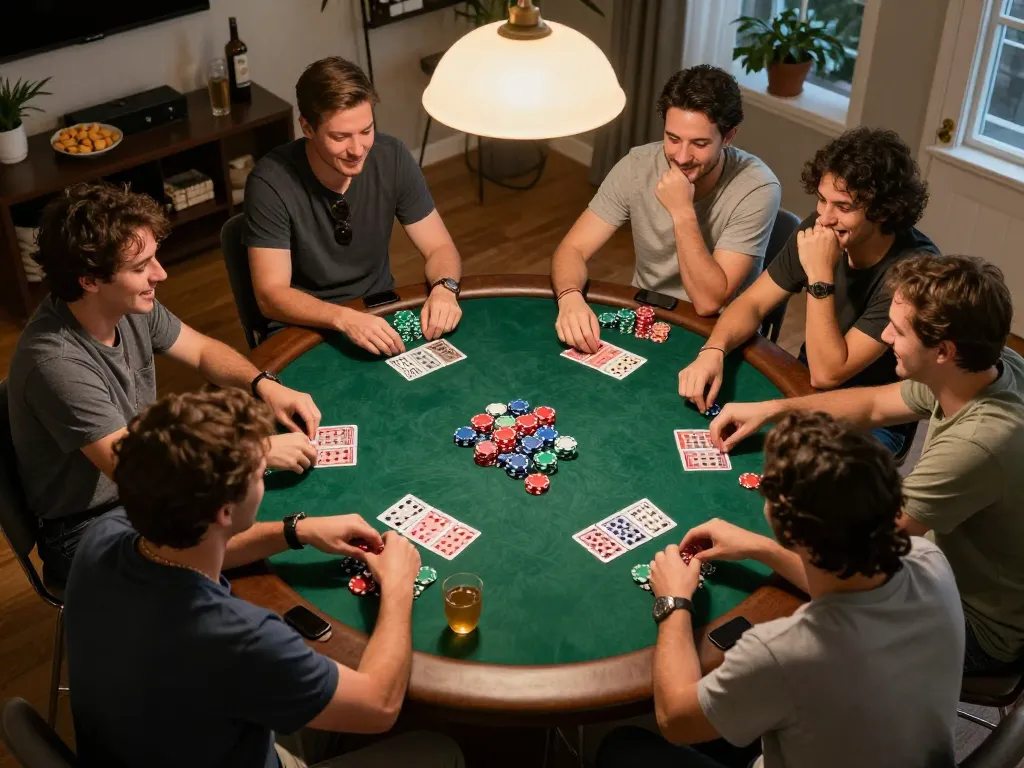 Friends engaged in a lively home poker night, showcasing casino online stranieri gaming atmosphere with colorful chips and cards.