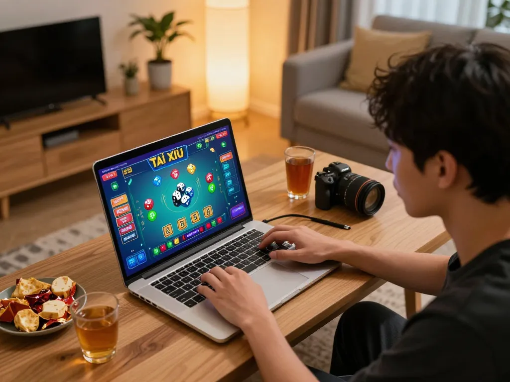 Tài xỉu online uy tín engaging gameplay on a laptop with colorful graphics and strategic focus