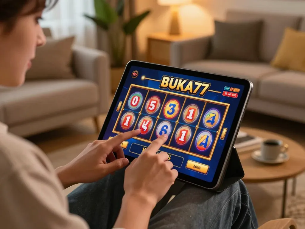 Engaging gameplay experience on BUKA77 slot machine interface in a cozy home setting.