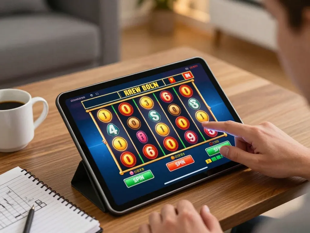 jproyal player ready to spin colorful slot reels on tablet showcasing online gaming excitement