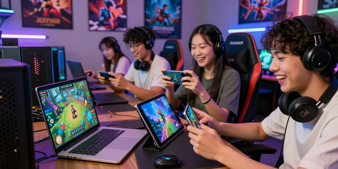 Engaging gaming scene with diverse players enjoying xxx games on multiple devices, showcasing excitement and community.