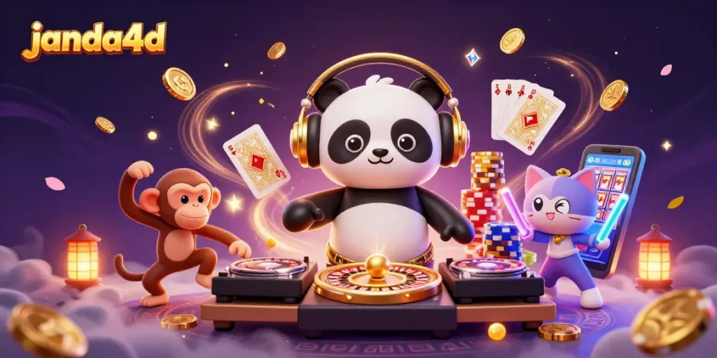 JANDA4D menghadirkan DJ panda di pesta kasino dengan keberuntungan besar, berputar di atas roda roulette.