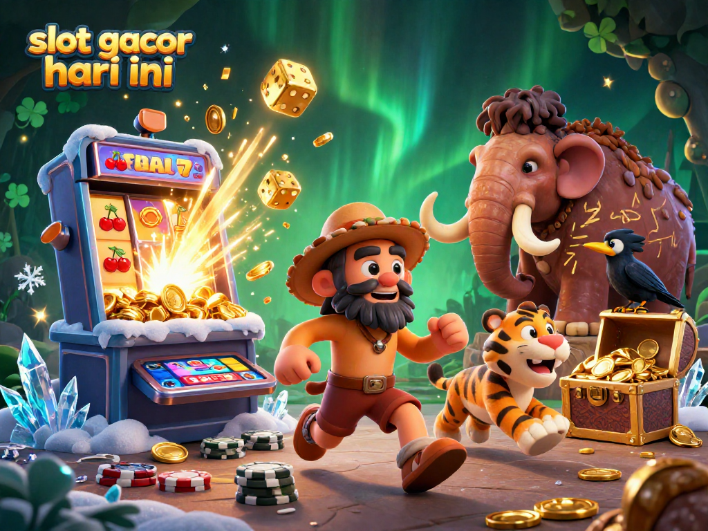 Experience excitement at the slot gacor hari ini with a dynamic prehistoric casino scene featuring unique characters and jackpot elements.