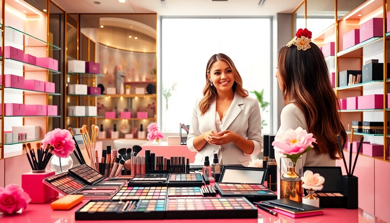 Showcase of wholesale makeup products in a vibrant boutique environment.