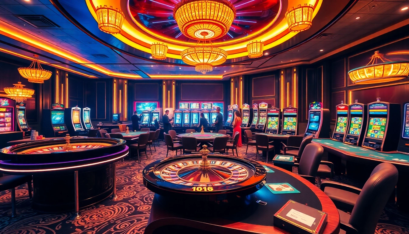 Scène de jeu en ligne captivante illustrant une expérience de casino fiable en ligne avec des machines à sous et du poker.