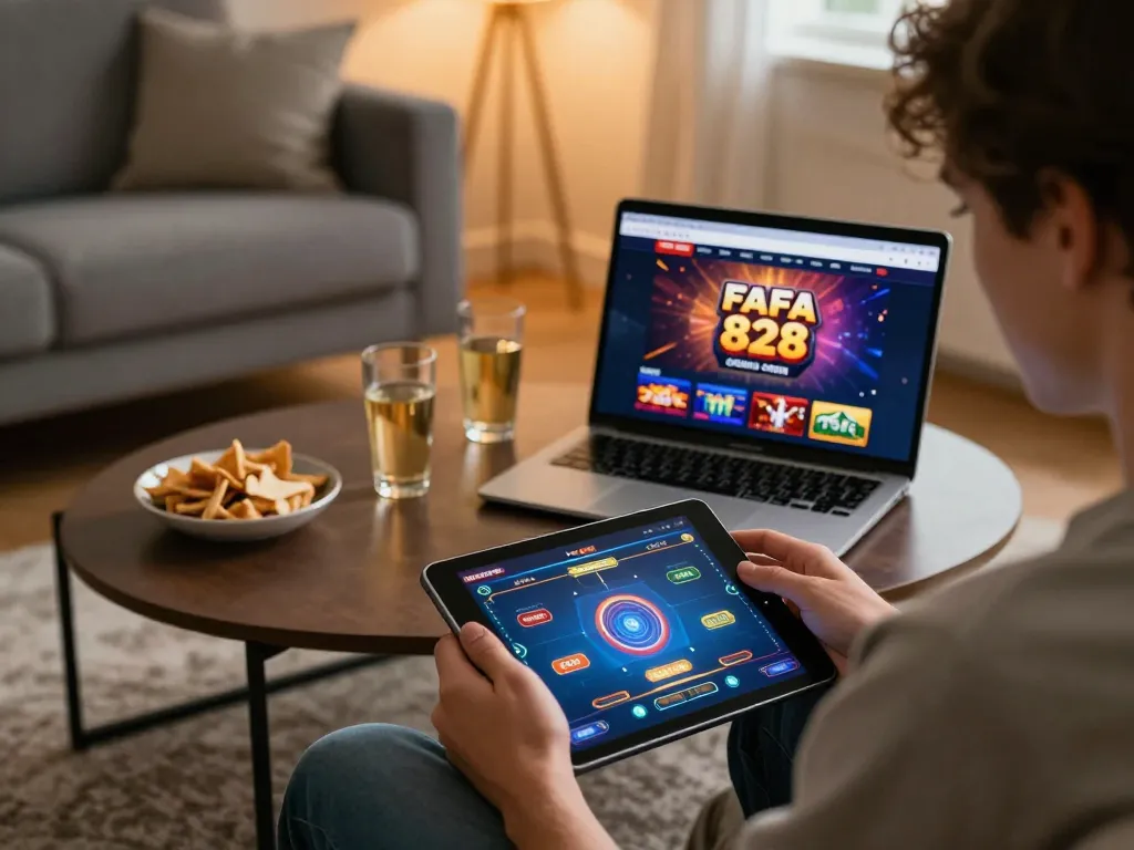 Engage with FAFA 828 online casino gaming on tablet in a cozy living room setting.