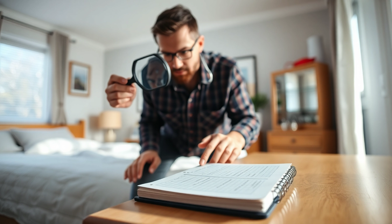 Local bed bug exterminators inspecting a bedroom for bed bugs with a magnifying glass.