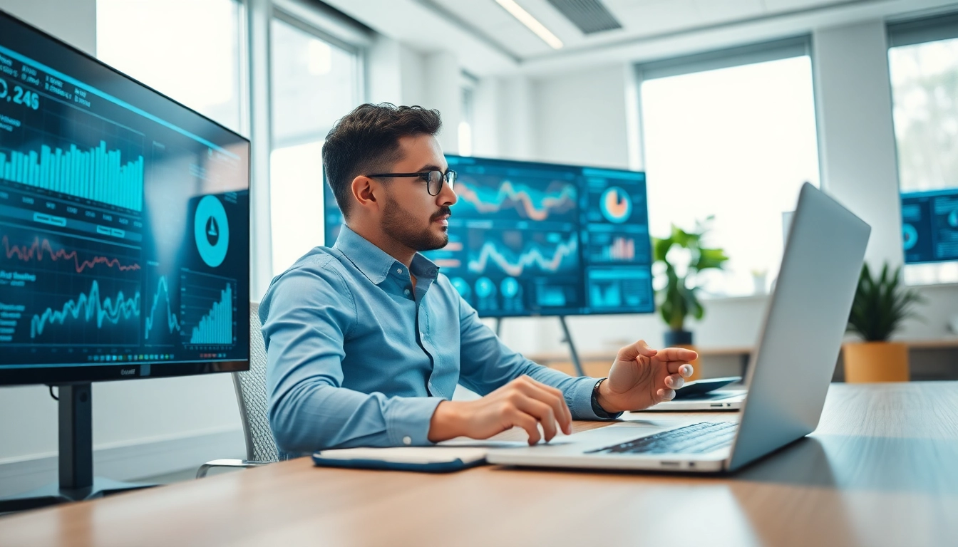 Utilizing AI for competitor analysis in a modern office environment with data visualizations.