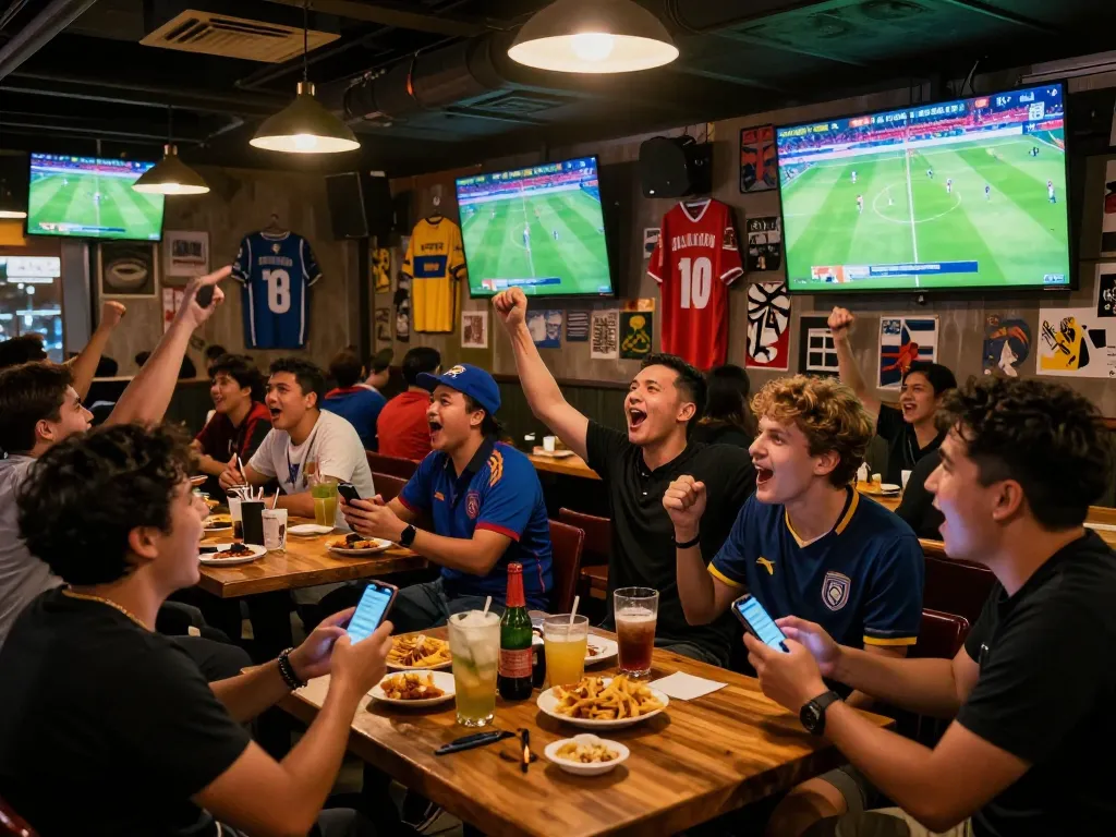 Fans immersed in Trực Tiếp Bóng Đá at a lively sports bar, cheering for their teams with excitement.