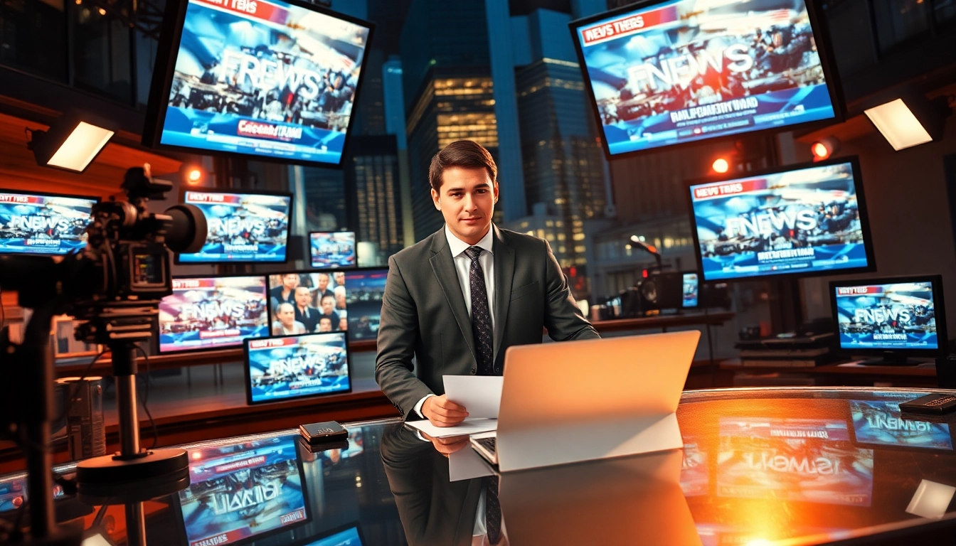 Capture the essence of news reporting with a focused journalist at a busy news desk.