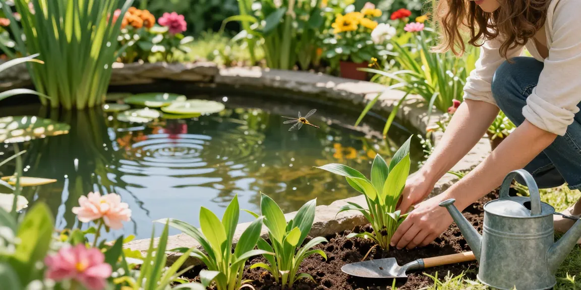 Buy pond plants online in a vibrant home garden with a serene pond, flowers, and a gardener planting.