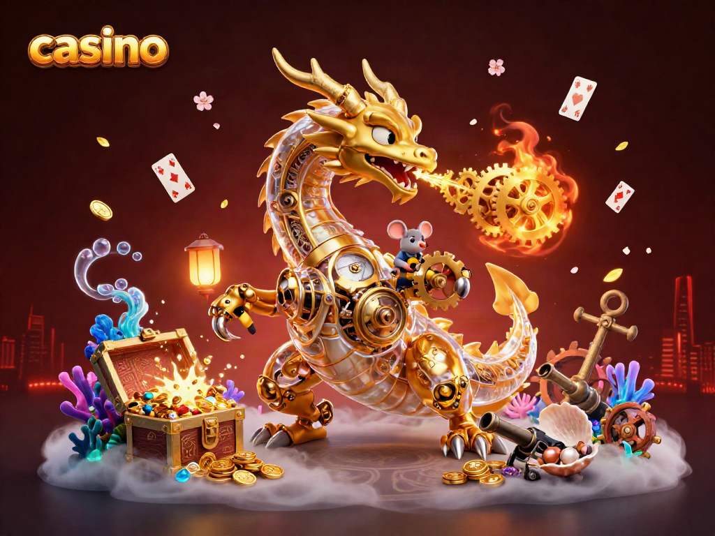 Experience the thrill of casino gaming with a breathtaking scene featuring a vibrant dragon and gems.