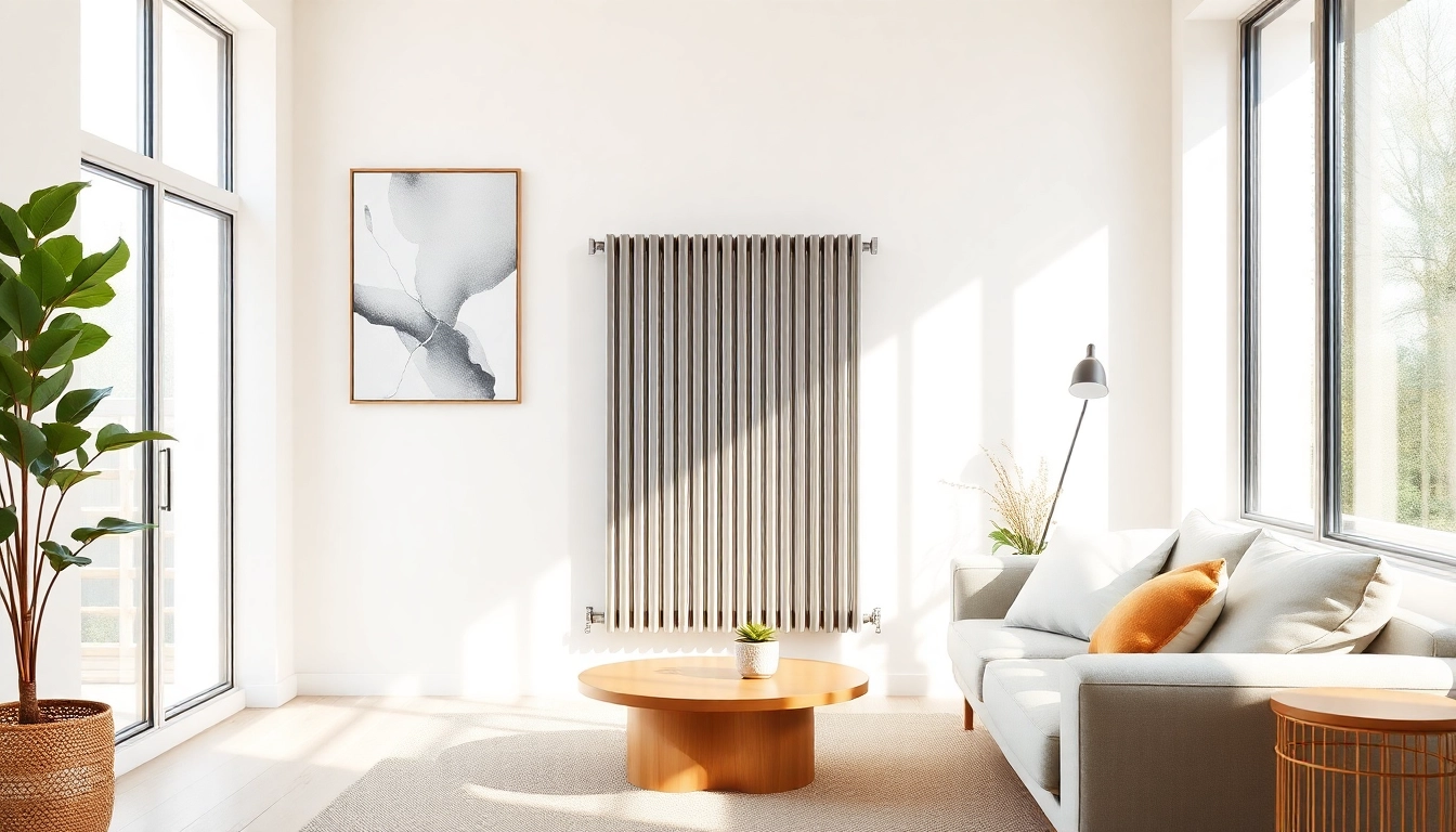 Heizkörper in modernem Wohnzimmer, stilvoll und einladend gestaltet.
