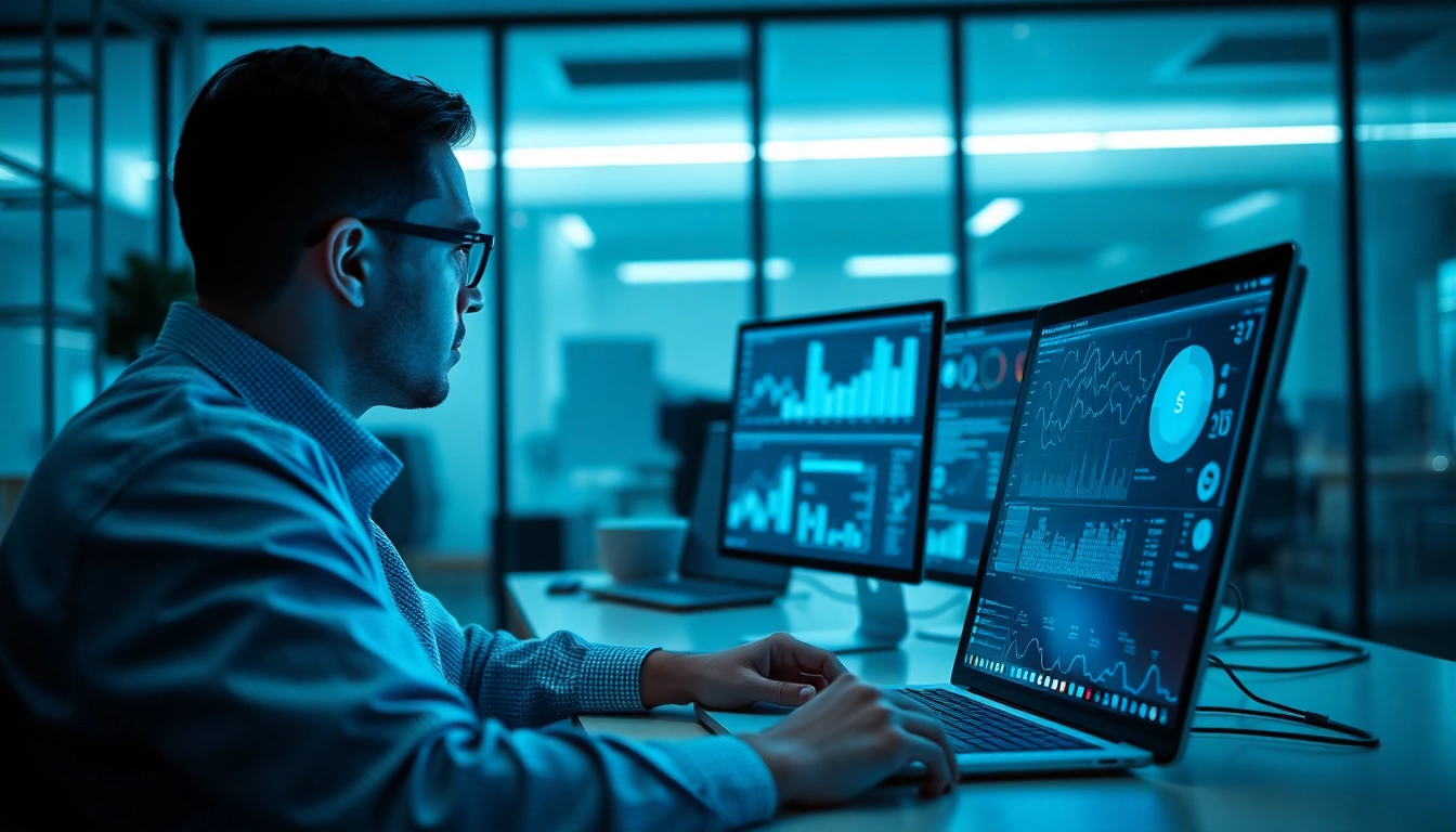 Cybersecurity AI professional analyzing data in a modern office setting with advanced technology.