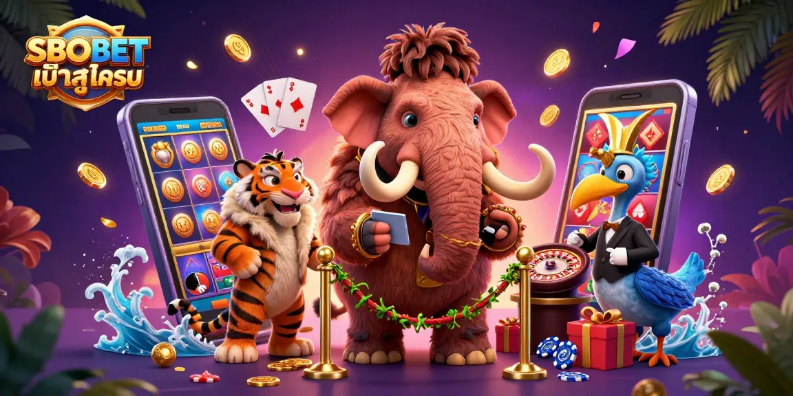Experience the thrilling SBOBET เข้าสู่ระบบ with vibrant casino-themed characters and games in this dynamic illustration.