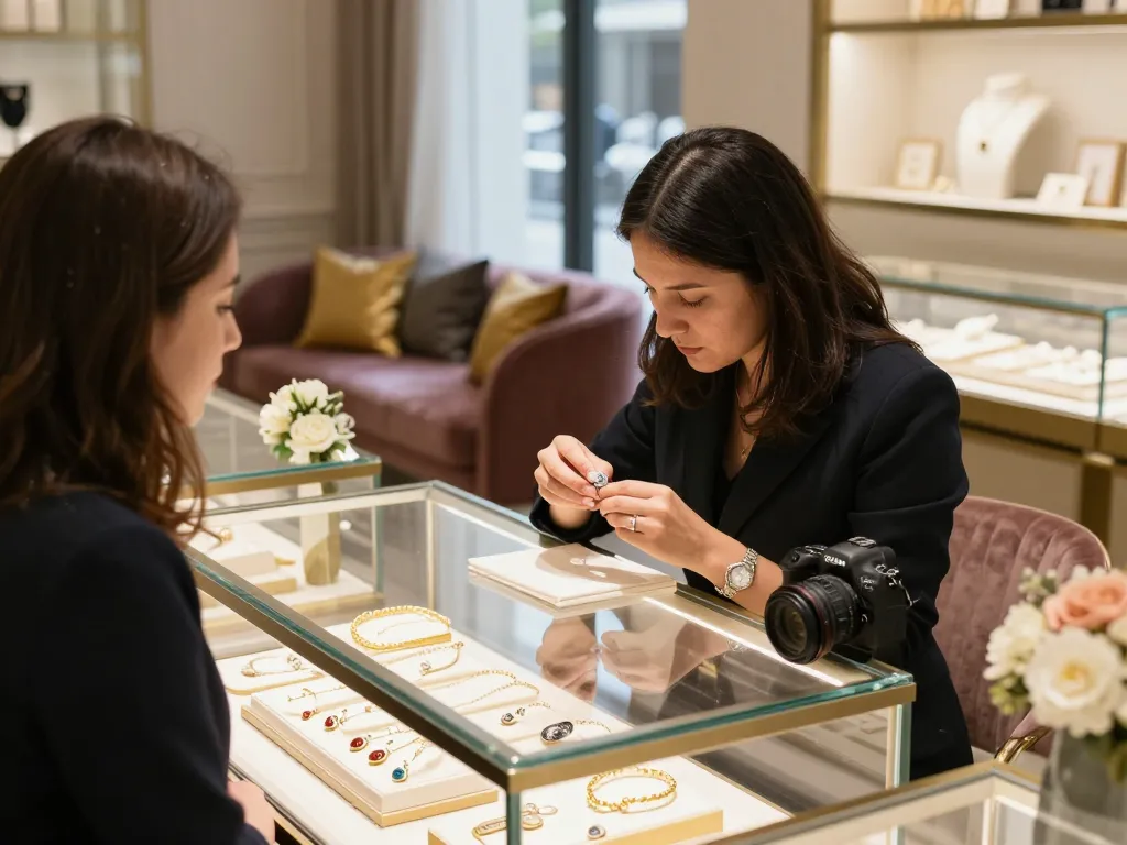 Jeweler providing an explanation about a diamond ring in a luxurious jewelry boutique