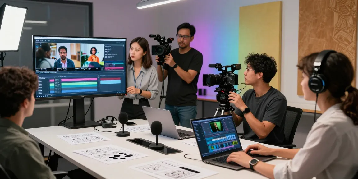 Dynamic scene of a Singapore Corporate Video Production team collaborating in a vibrant studio setting, showcasing equipment and creative process.
