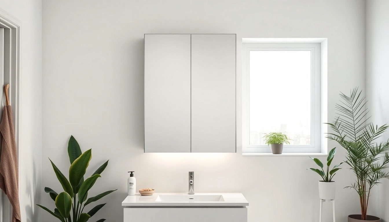 Showcasing a sleek mirrored bathroom cabinet with light reflecting modern elegance and tranquility.
