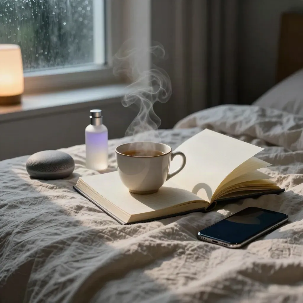 Steaming chamomile, dream journal, mist, speaker and phone on a rain-lit bedside.