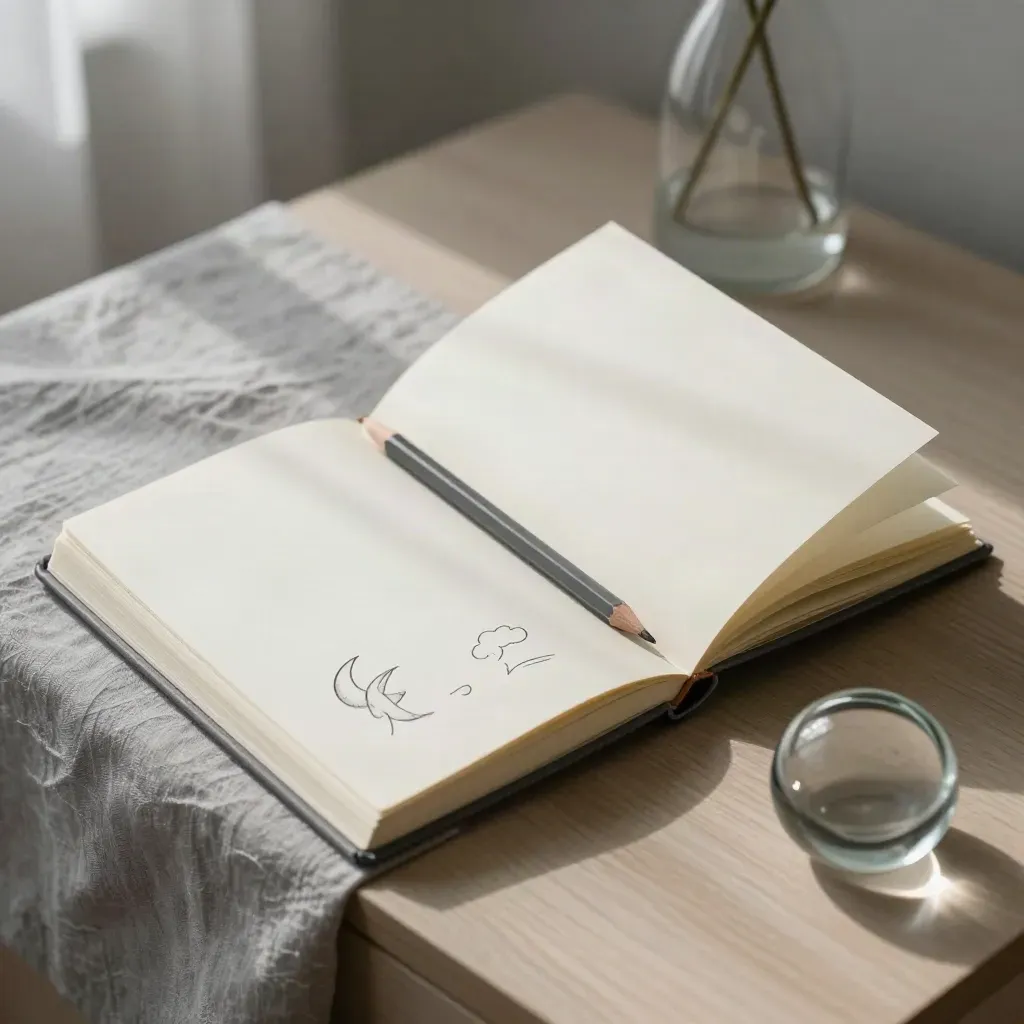 Open dream journal on a bedside table with pencil, sketches, and paperweight in soft morning light
