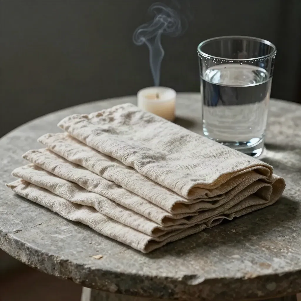 Linen sleep tabs, candle stub, and water glass on stone with drifting smoke in soft light.