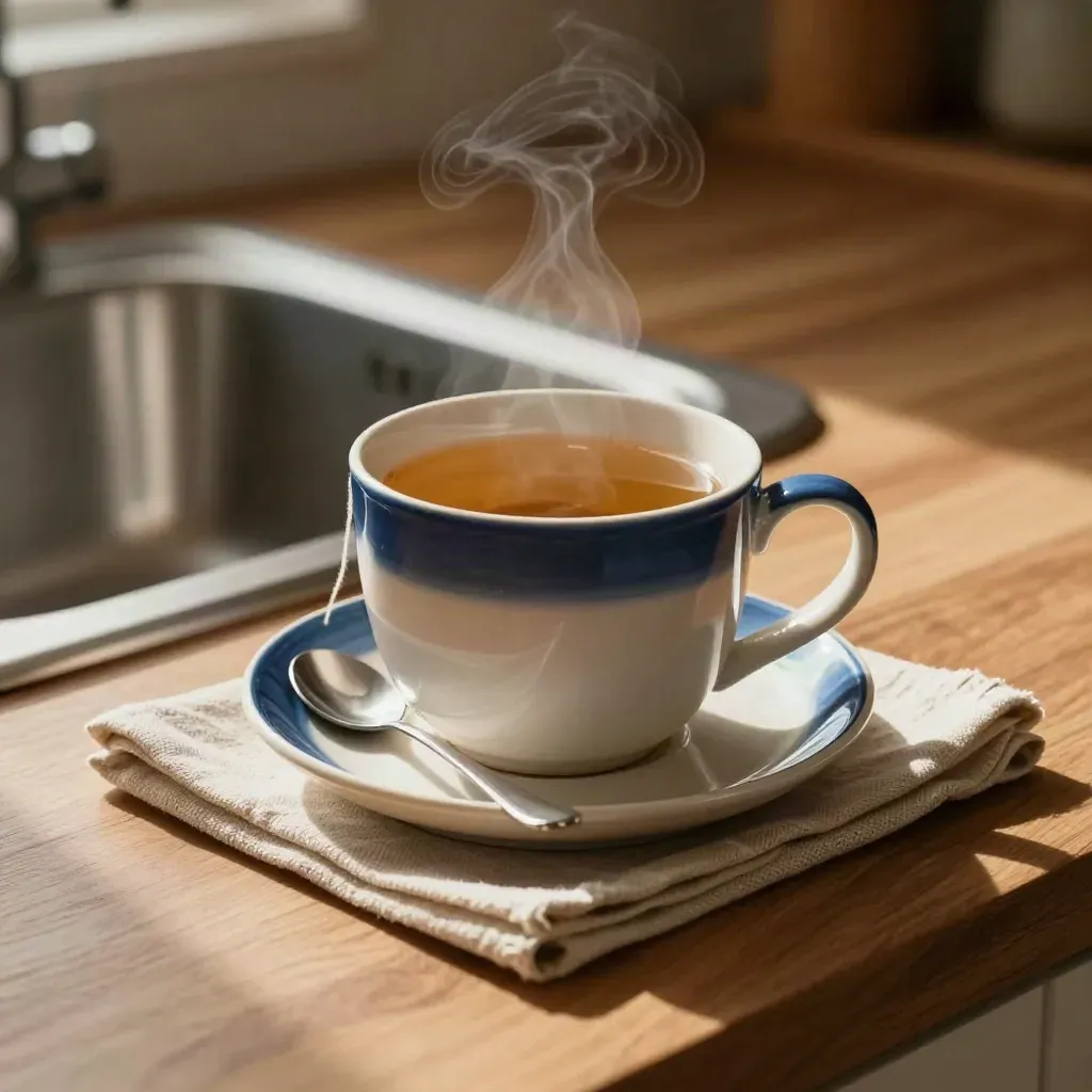 Chamomile tea mug with spoon, napkin, and tea bag beside a kitchen sink at evening