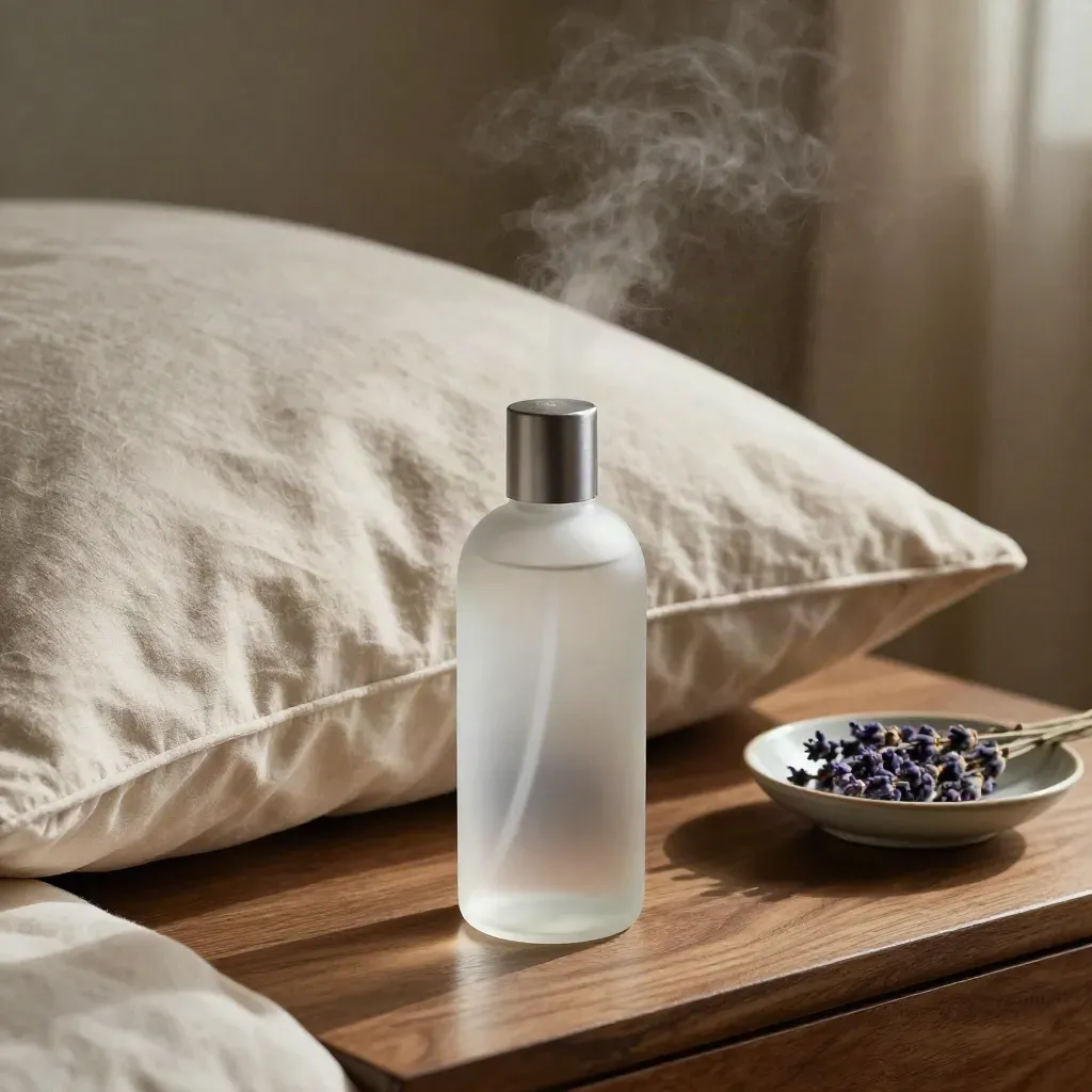 Frosted pillow mist bottle beside a linen pillow and dried lavender on a walnut nightstand.