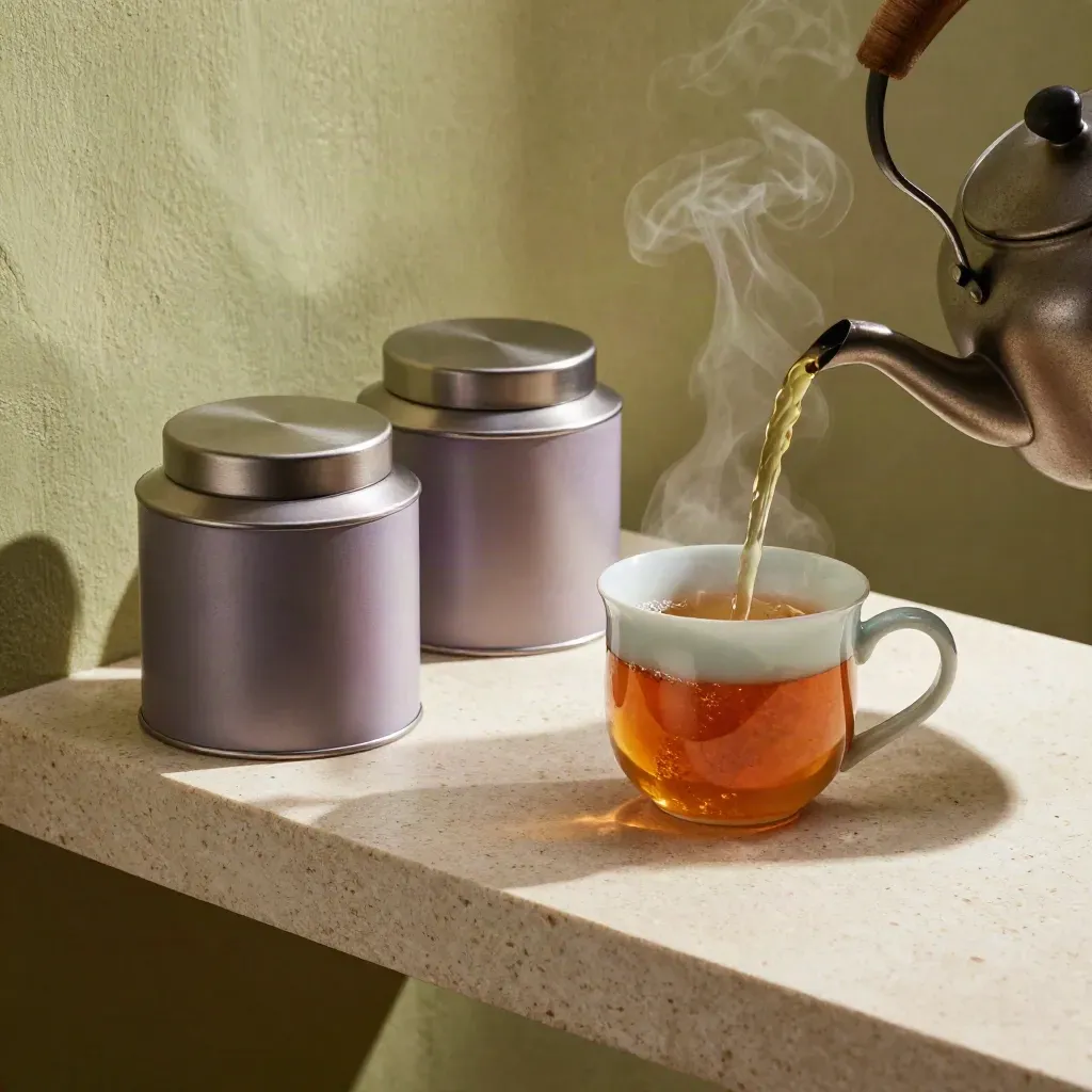 Tea pours from a shelf-side kettle into a mug beside tins on pale stone.