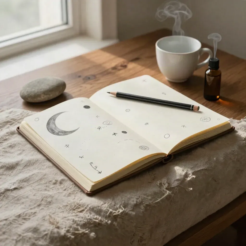 Open dream sketchbook with moon symbols, pencil, stone, and tea in morning light.