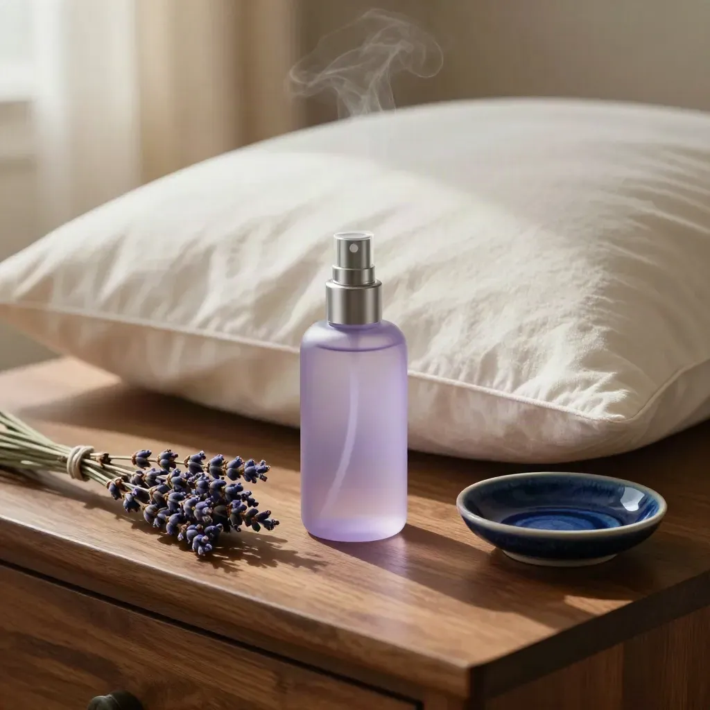 Lavender mist bottle, pillowcase, lavender bundle, and ceramic dish on a bedside table in warm light.