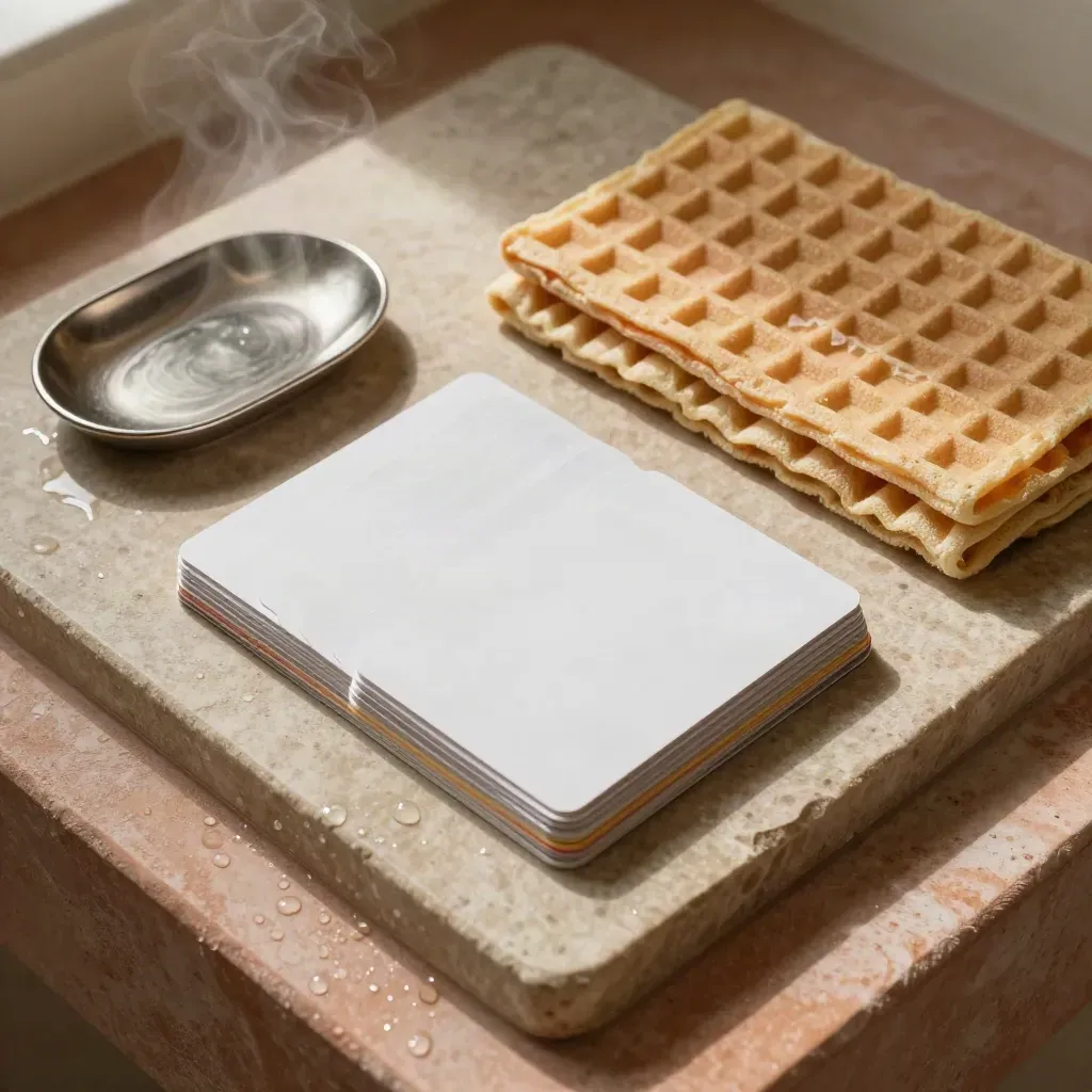 Routine cards, soap dish, and folded washcloth on a steamy bathroom tray