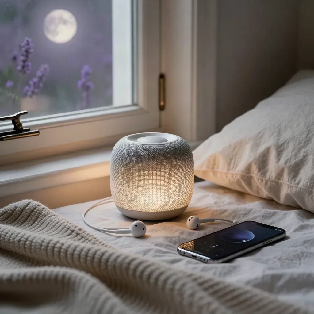 Speaker, earbuds, and phone on a wool blanket by a softly lit window.