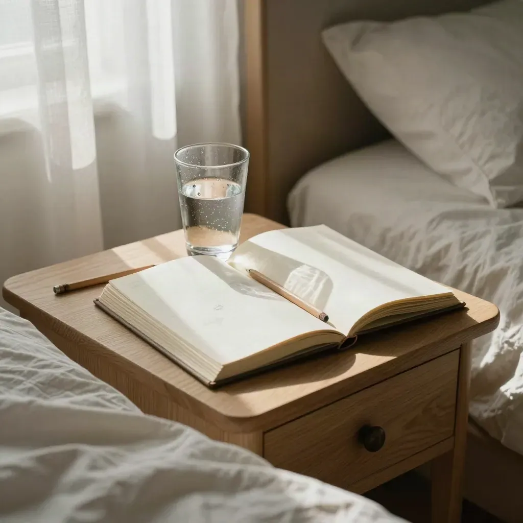 Bedside dream journal, water glass, pencil and curtain in soft morning light