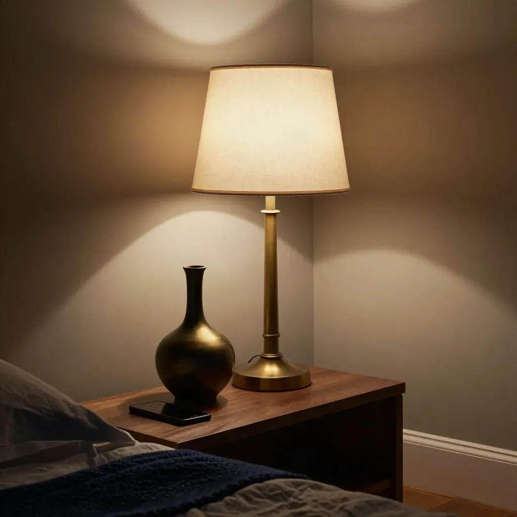 Two bedside lamps, one lit and one dark, beside a face-down phone in a cozy bedroom corner