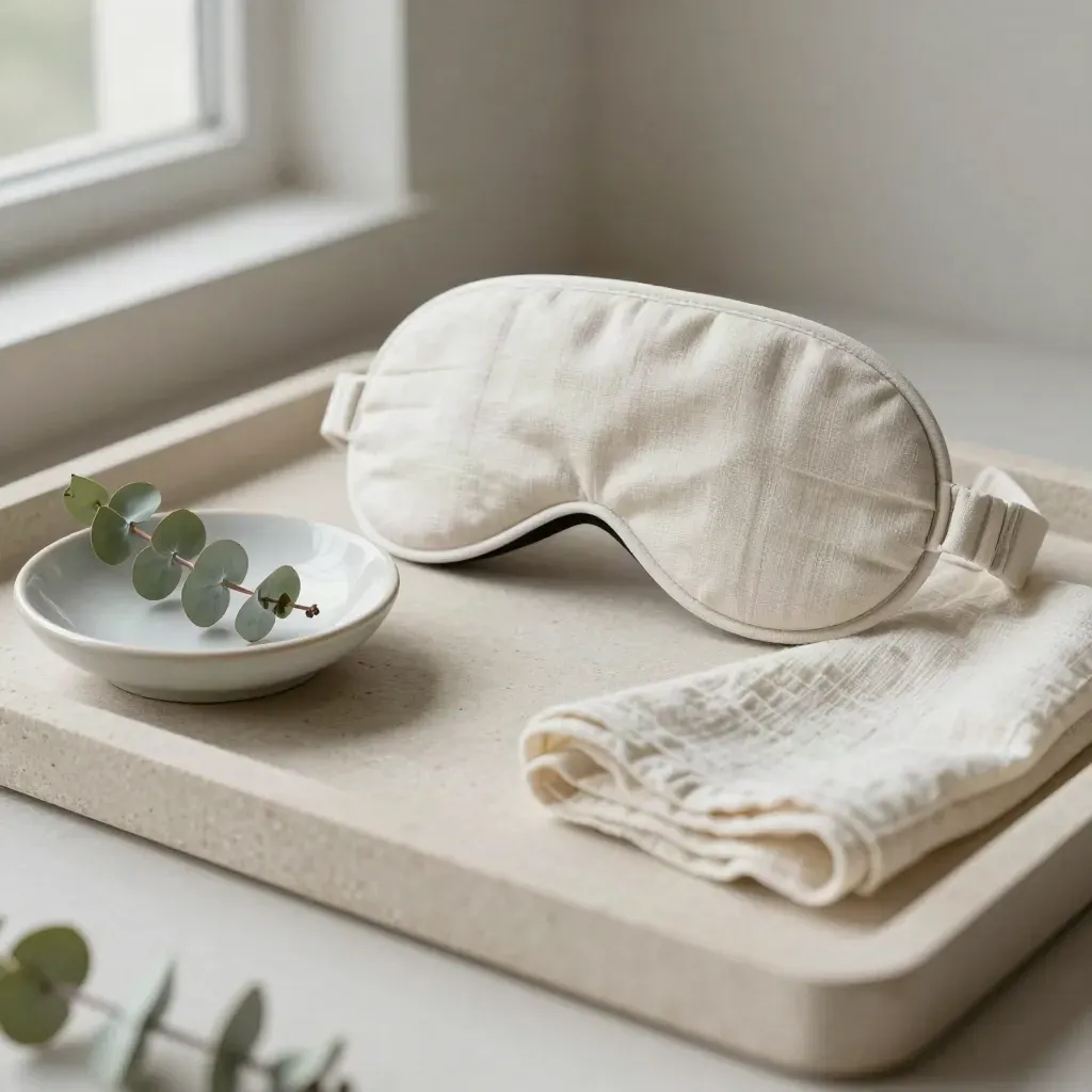 Sleep mask, ceramic dish, eucalyptus and folded cloth on a stone tray in soft light