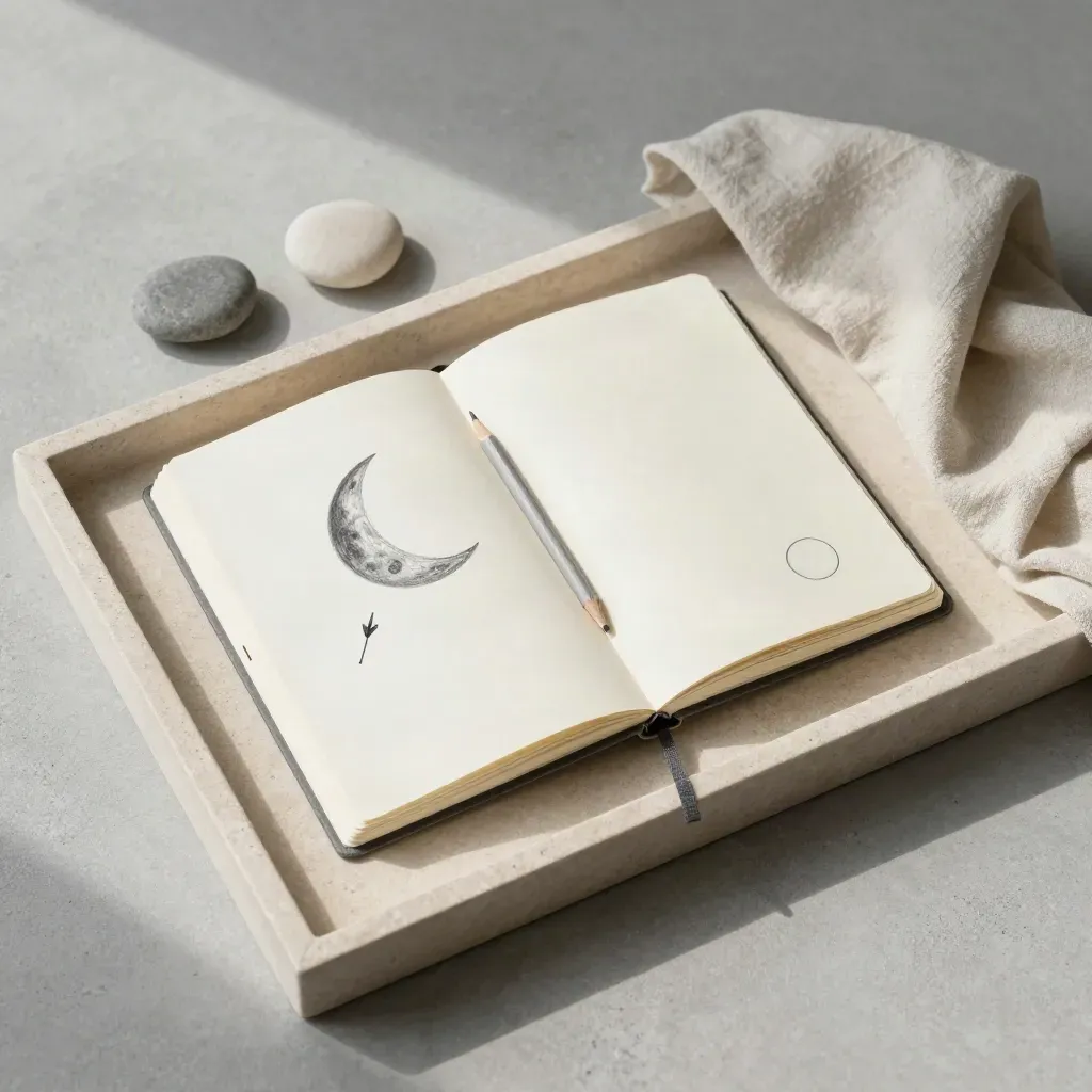 Open dream journal with moon sketches, pencil stub, stones, and folded linen on stone tray.