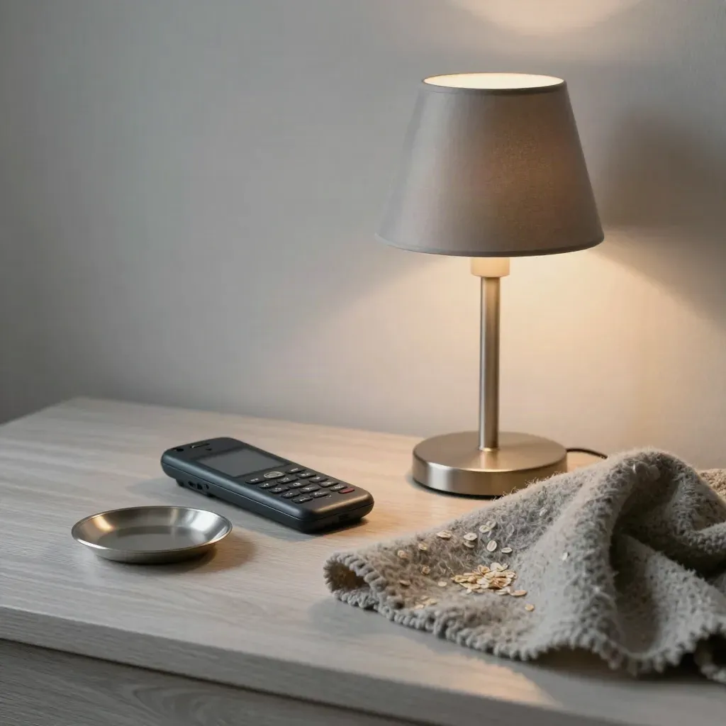 Lamp, face-down phone, and folded throw on a pale wood bedside table in warm dusk light.