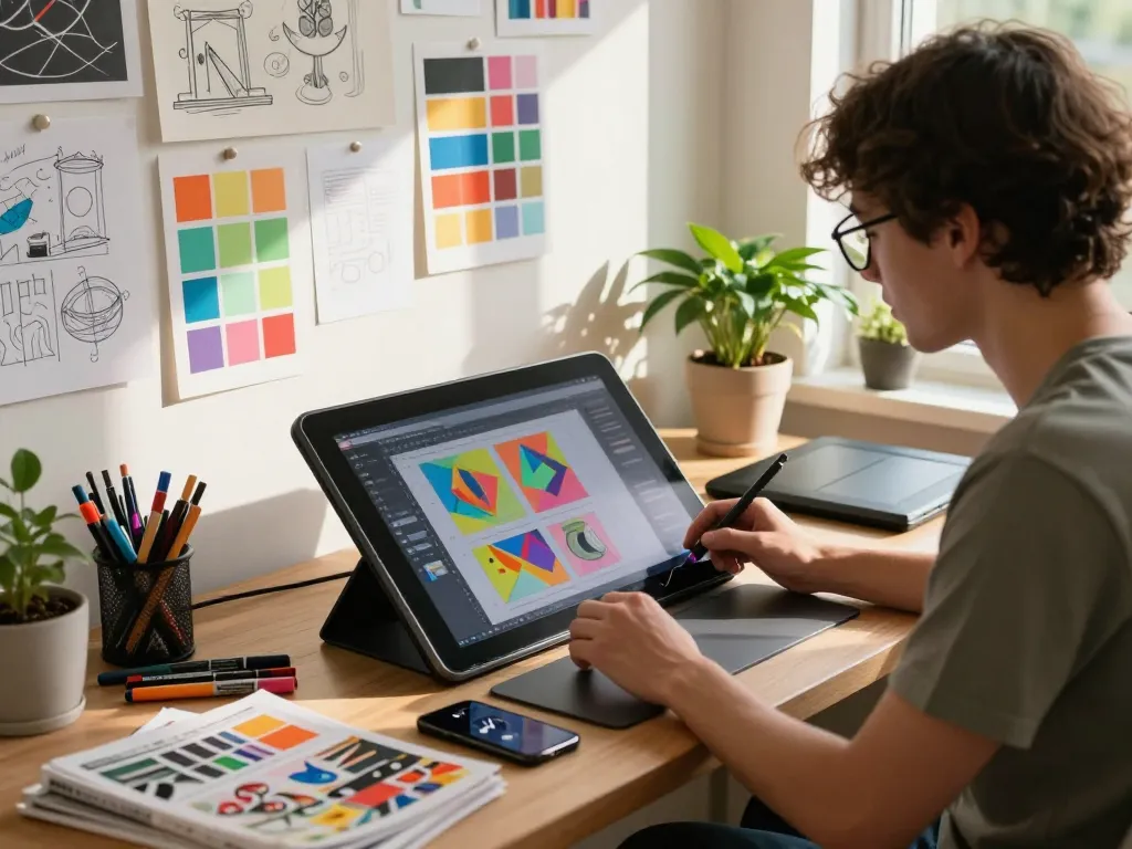 Designer working on innovative image to prompt project in a vibrant studio filled with art supplies.