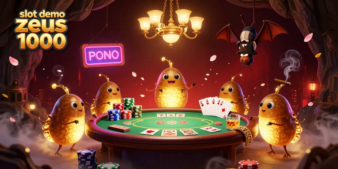 Experience excitement in the slot demo zeus 1000 with a vibrant cave casino illuminated by glowing characters and dynamic game elements.