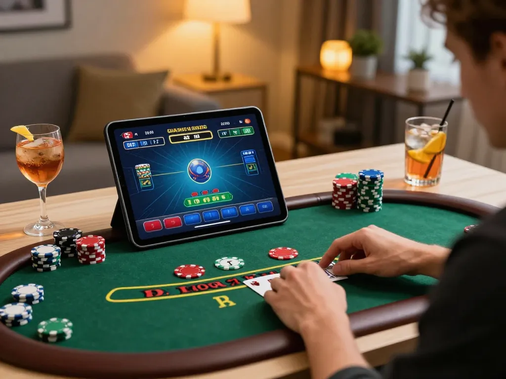 Engaged player enjoying Canada online casinos reddit with live dealer blackjack on tablet in stylish home office.