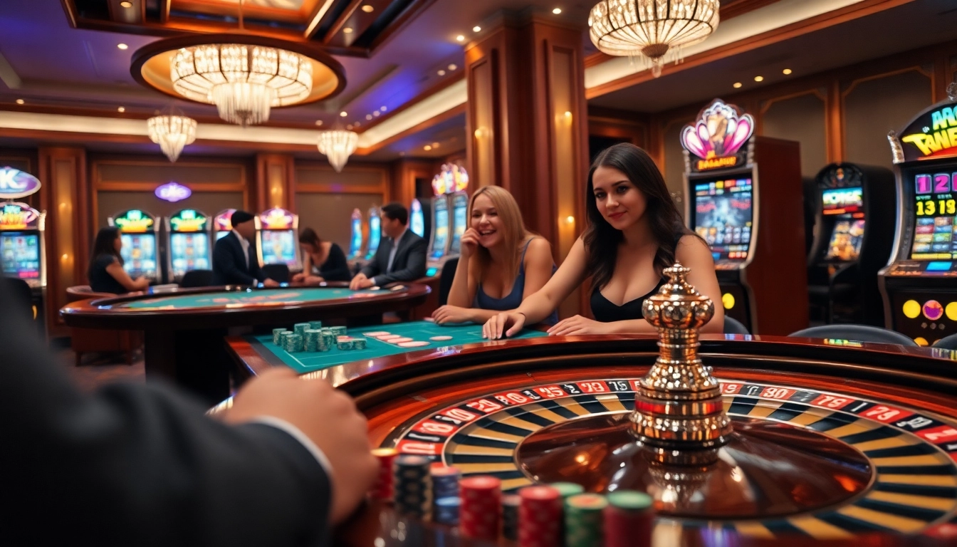 KJC gaming experience with luxury casino tables, roulette wheels, and vibrant slot machines.