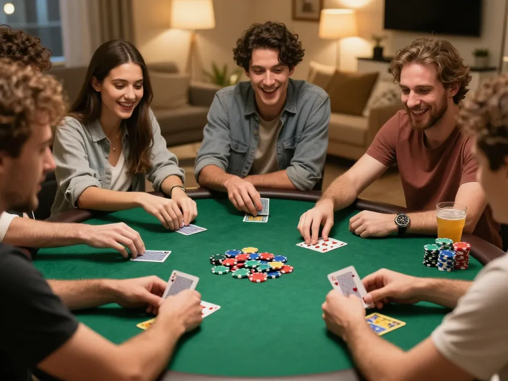 Friends enjoying poker night with 388bet authentic gameplay atmosphere and vibrant social energy