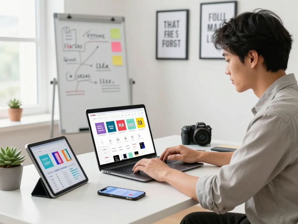 Buy PLR Digital Products from an entrepreneur in a modern workspace showcasing vibrant digital product options.