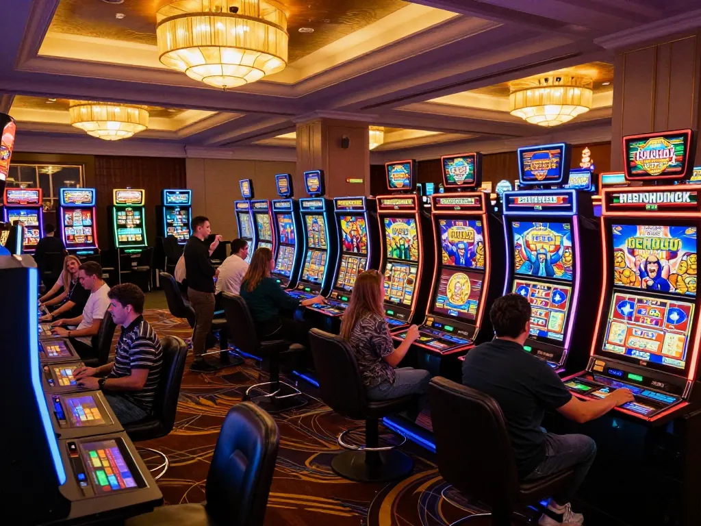 Experience the excitement of สล็อต888 at modern slot machines in a lively casino.