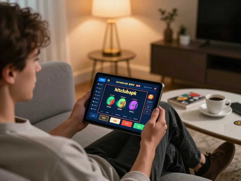 Player enjoying hitclubapk tablet casino game in a cozy living room setup with ambient lighting